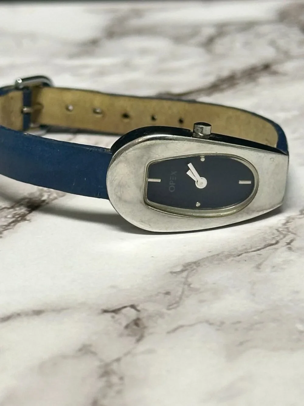Opex Watch Women Silver Tone Blue Dial Skinny Leather Band New Battery 8 Inch